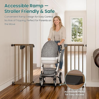 Cumbor 30-54" Extra Wide Baby Gate for Stairs, Dual Lock & Self-Closing Dog Gate Indoor, Easy Install Pet Gate for Doorways, Hallways & Kitchen, Easy Walk Thru Safety Proofing for Babies & Pets, Brown