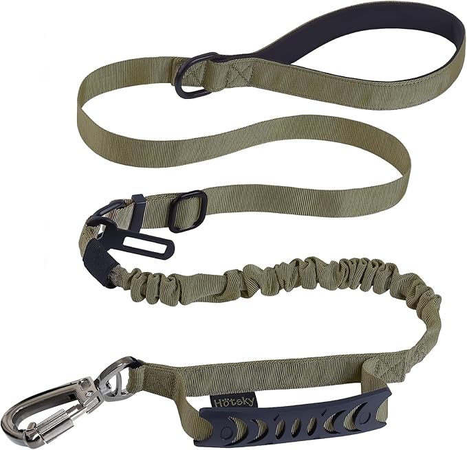 Hotsky Tactical Dog Leash Heavy Duty for Medium Large Dogs that Pull,4-6Ft Strong Bungee Shock Absorbing No Pull Dog Leash with Padded Double Handle and Car Seatbelt,Army Green