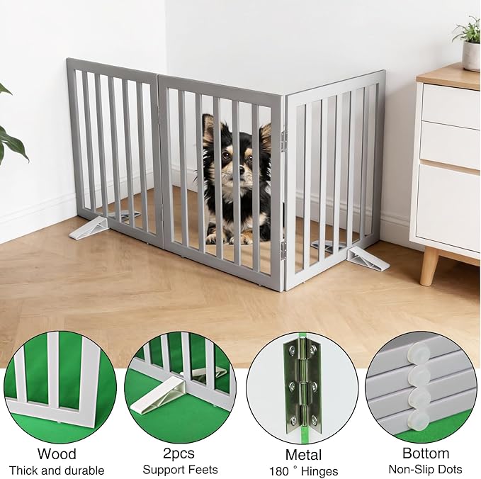 Dog Gate Indoor, Freestanding Dog Fence for The House, Doorways, Hallways,or Stairs,Pet Gate Foldable Wooden,Expandable 24" Height 3 Panels,Grey