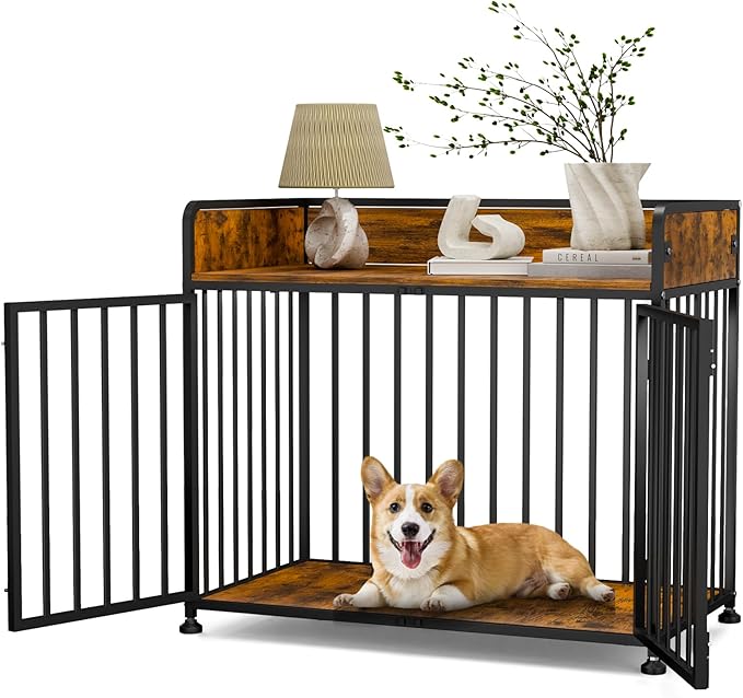 42 in Dog Crate Furniture, Medium Dog Kennel Indoor, Large Dog Kennel Indoor for Large Breed, Wooden Dog Cage Table Decorative for Small, Medium, Dog (Brown Wood & Black)