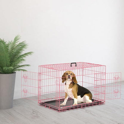 36 inch Dog Crates for Medium Dogs Folding Metal Wire Dog Cage Kennel, Indoor Outdoor Dog Crate Kennels with Handle&Proof Tray Portable Pet Kennel Pink