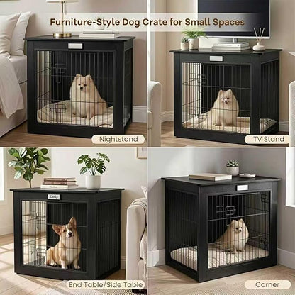 Black Dog Crate Furniture with Reversible Side Door, Wooden Indoor Dog Kennel for Small Medium Dogs, End Table Dog Crate with Double Locks, Heavy Duty Steel Mesh Furniture Style Dog Cage
