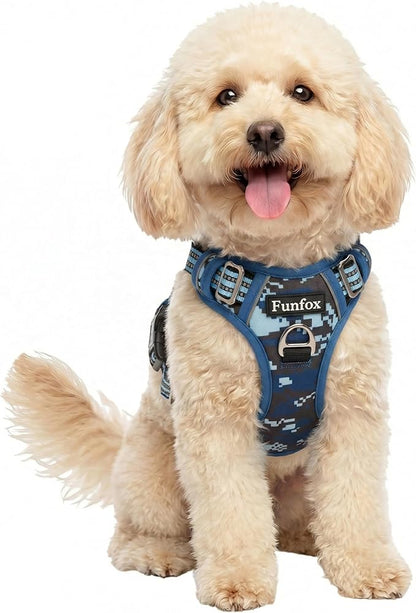 Funfox Dog Harness No Pull, Adjustable Pet Vest Harness, Super Soft Material with Vertical Handle Easy Control, Reflective Night Walking, 2 Leash Clips for Small Sized Dogs, Mosaic Blue, S