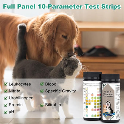 Urine Test Strips for Dogs Cats - 100 Counts Urinalysis Test Strips for Pets 10 in 1 Testing Protein Blood Leukocytes pH Nitrite and More Dog Cat Test Kit for Pets