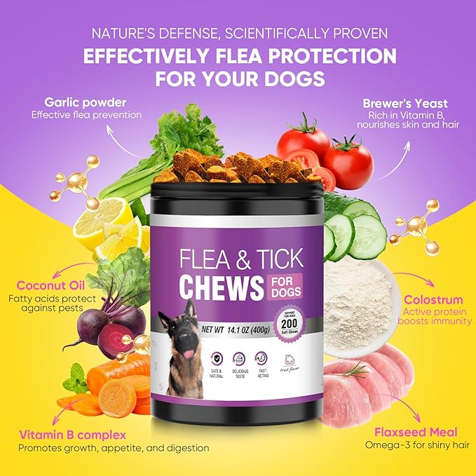 Dog Flea and Tick Treatment Chewable 200 Treatment Chews Natural Soft Chew Fleas Ticks Treatment Dog Oral Chewables Support Supplement Pest Defense Breeds and Ages Dogs Chicken Flavor