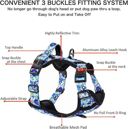 Petmolico No Pull Dog Harness Set with Leash Attachment Easy Control Handle Reflective Vest Small Breed, Puppy Vest and Leash Set with Poop Bag Holder, Small - Blue Daisy