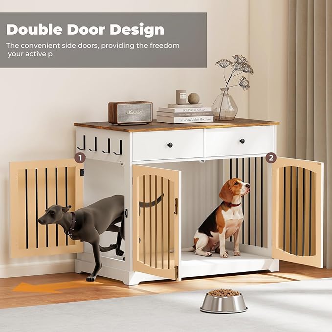 Dog Crate Furniture, Wooden Dog Kennel Furniture, Heavy-Duty 40" Dog Crate End Table with Storage Drawers, Double Doors Decorative Pet Cage House Indoor for Small Medium Dog, White