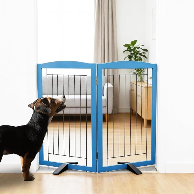 ZJSF Freestanding Dog Fence Indoor, Foldable Dog Gate for Doorways, Stairs or Hallways, Sturdy Wood Extra Wide Pet Gate with Support Feet for The House, Blue, 32 "Height-2 Panels