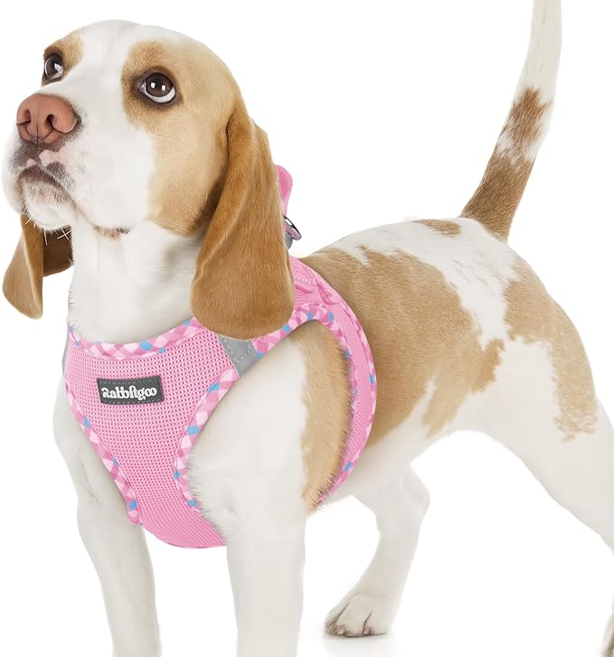 rabbitgoo Small Dog Harness, Step-in Soft Mesh Puppy Vest with Safety Buckle, Breathable Reflective Pet Harness for Small Sized Dogs, Pink & Plaid Trim M