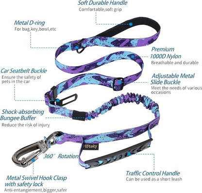 Hotsky Tactical Dog Leash Heavy Duty for Medium Large Dogs that Pull,4-6Ft Strong Bungee Shock Absorbing No Pull Dog Leash with Padded Double Handle and Car Seatbelt,Purple Camo