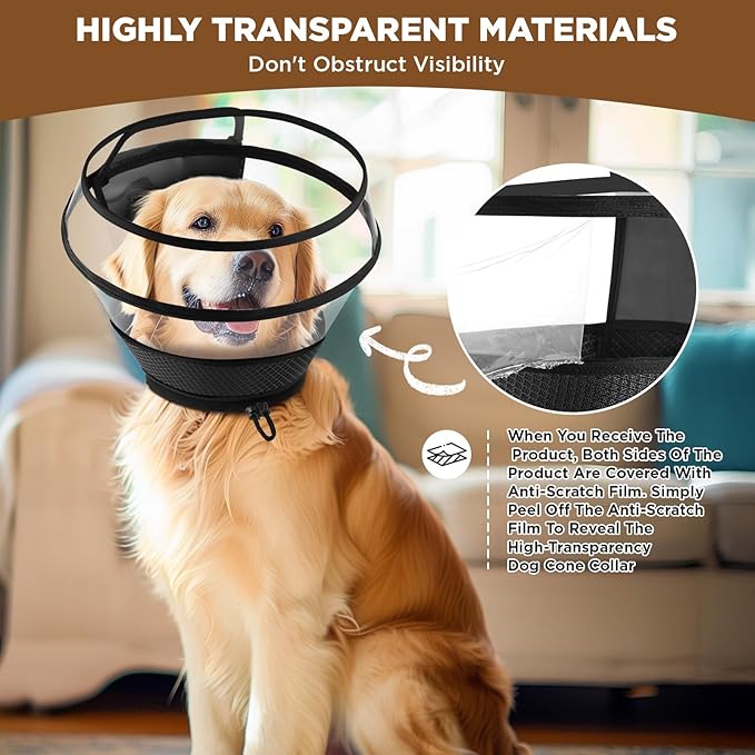 Soft Dog Cone for Dogs After Surgery,Transparent Breathable Dog Cone Collar for Small Large Medium Size Dog,Adjustable Depth Pet Recovery Collars,Elizabethan Collar for Dogs Stop Licking (Black-XXL)