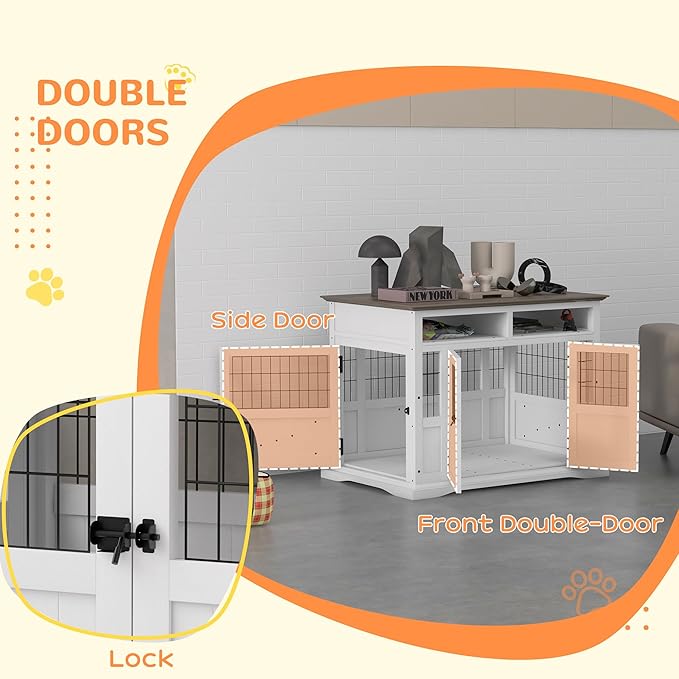 PawHut Dog Crate Furniture Side End Table with Storage, 41" Modern Wooden Dog Kennel Furniture with Double Doors for Small and Medium Dogs, White
