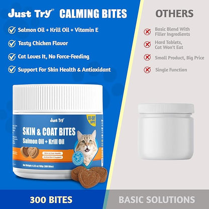 Just Try 300 Bites Skin and Coat Healthy Cat Vitamins for Indoor Cats Omega 3 for Cats Salmon Oil Supplements- Cat Itchy Skin Relief