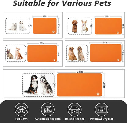 HotLive Dog Food Mat - Absorbent Cat Mat for Food and Water, No Stains Pet Feeding Bowl Mat, Easy to Clean Pet Placemats, Quick Dry Dog Water Dispenser Mat for Messy Drinkers | Paw Orange 18"x 28"