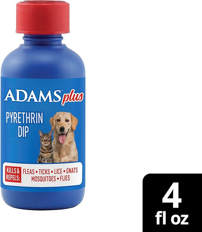 ADAMS Plus Pyrethrin Flea Dip for Dogs and Cats, Kills and Repels Fleas, Ticks, Lice, Gnats, Mosquitoes and Flies, for Dogs, Cats, Puppies, & Kittens, 4 Fl oz