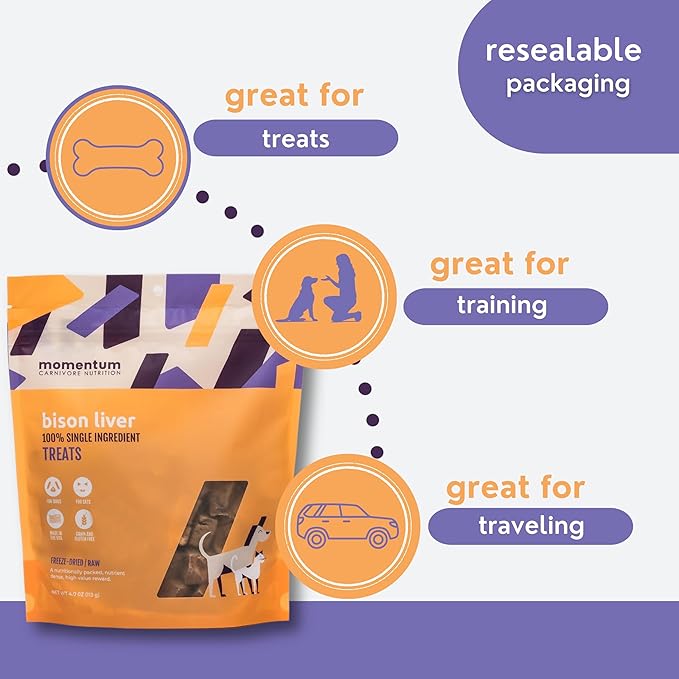 Momentum Carnivore Nutrition Freeze-Dried Bison Liver Dog Treats & Cat Treats – Single-Ingredient, High-Protein, Grain-Free, Lean Novel Protein – Made in USA – 4 oz Bag
