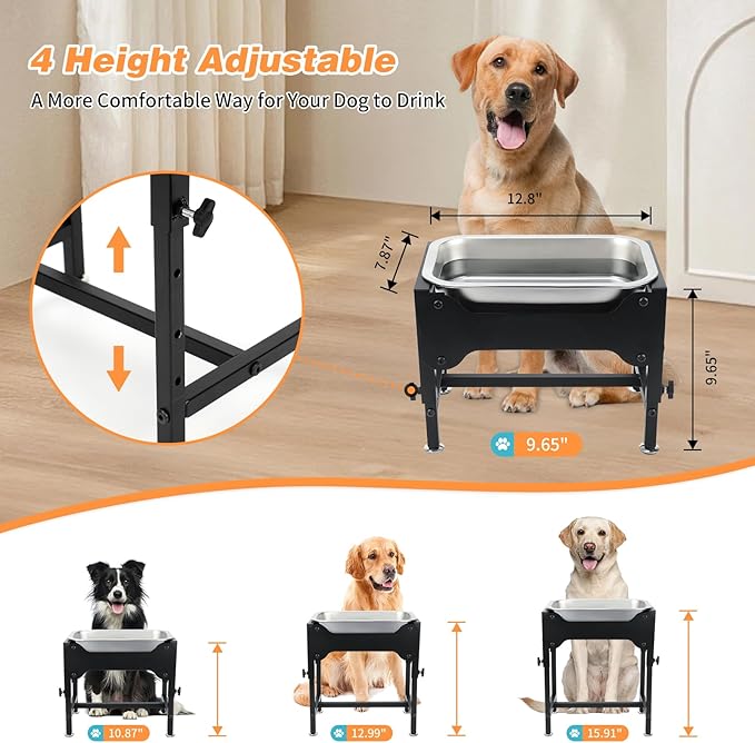 1.25 Gallons Elevated Large Dog Water Bowl, 4 Height Adjustable Stainless Steel Raised Dog Bowls with Stand, Indoor Outdoor Pet Water Bowl Relief Joint Pressure Pet Dishes for Dogs Easy Clean