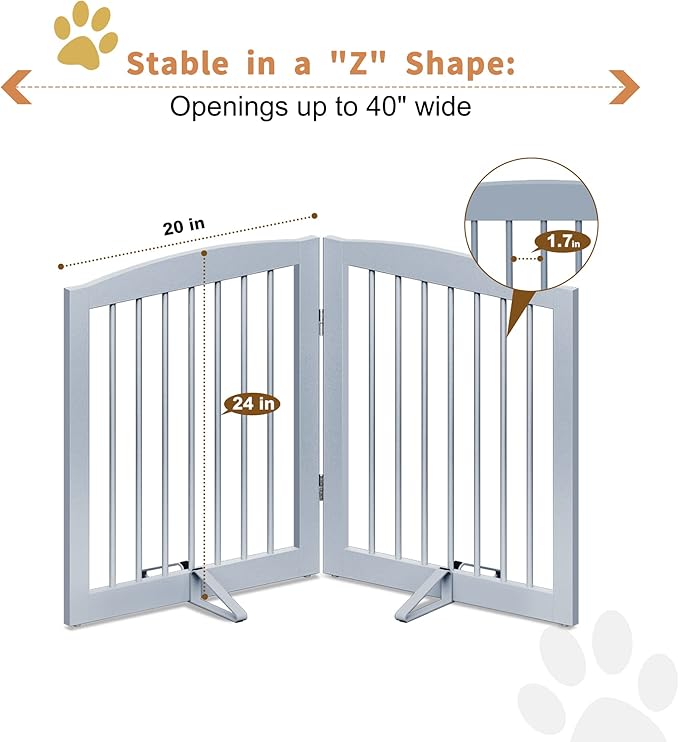 PUPETPO Freestanding Pet Gate for Dogs, Foldable Wooden Dog Gate for House, Indoor Pet Barrier for Stairs, Doorways, Support Feet Included, 24" Height 2 Panels, Grey