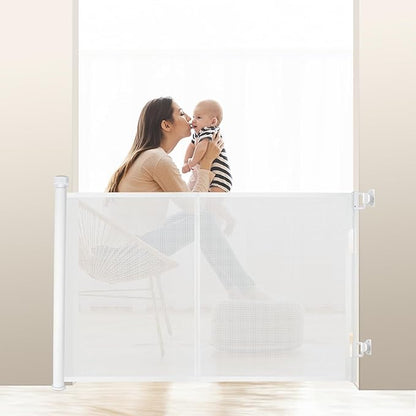 55 inches Retractable Baby Gate, 34 inches Tall Extra Wide Pet Gate for Stairs, Hallways and Doorways, Indoor Outdoor Safety Gate for Toddlers & Small Dogs, White