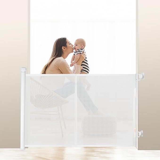 120 inches Extra Wide Baby Gate, 34 inches Tall Retractable Pet Gate for Large Openings, Hallways, Room Dividers, Mesh Safety Barrier for Indoor Outdoor Use, White