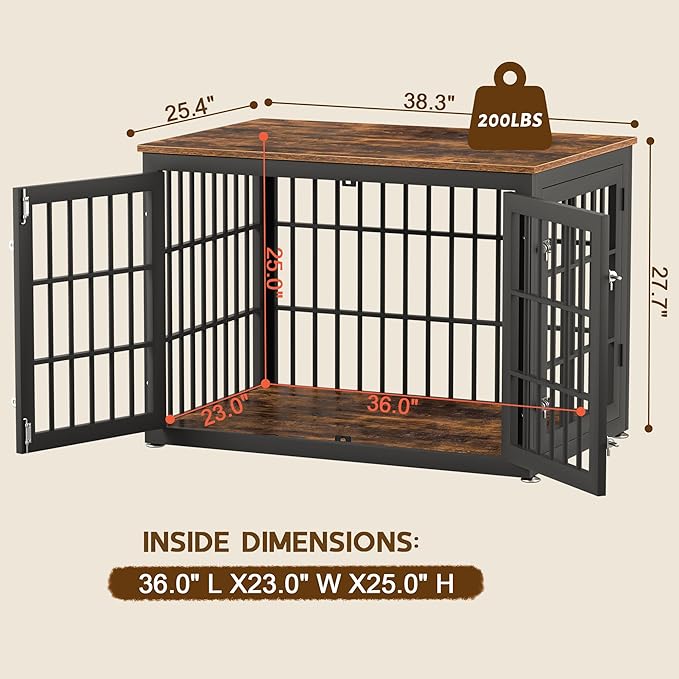 rehomerance 38 Inch Heavy Duty Dog Crate Furniture for Large and Medium Dogs, Decorative Pet House End Table, Wooden Cage Kennel Furniture Indoor, Rustic Brown