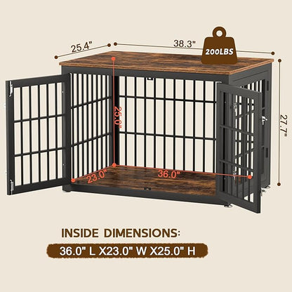 rehomerance 38 Inch Heavy Duty Dog Crate Furniture for Large and Medium Dogs, Decorative Pet House End Table, Wooden Cage Kennel Furniture Indoor, Rustic Brown