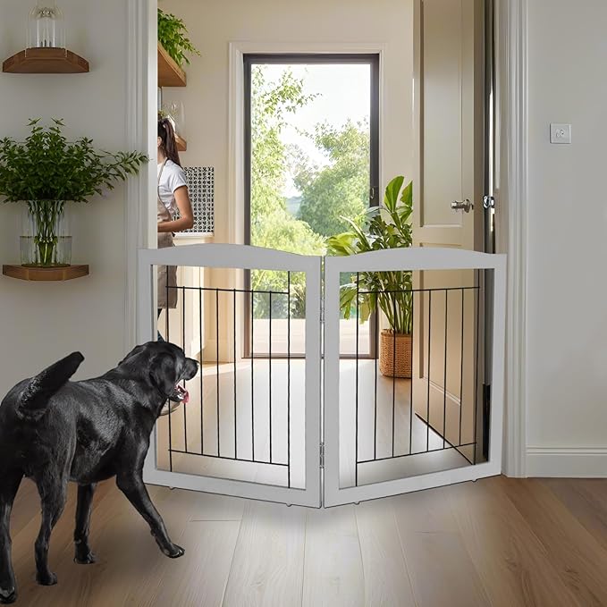 ZJSF Freestanding Foldable Dog Gate for House Extra Wide Wooden Indoor Puppy Gate Stairs Doorways Pet Gate Tall Dog Fence 2 Panels Fence Grey