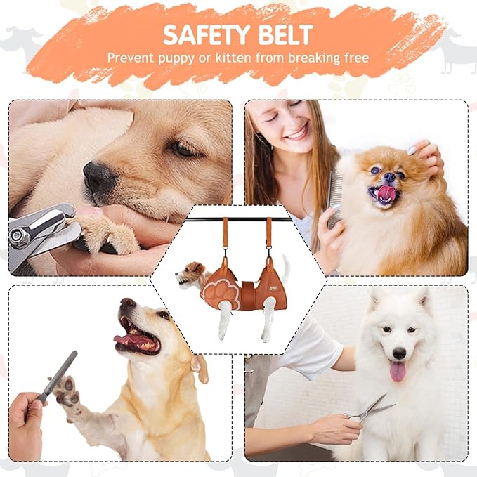 Paws n' Cradle Dog Grooming Hammock Harness for Dogs & Cats - Complete Kit with Adjustable Leg Fittings, Comb, Nail Clipper, File, Hook & Loop Strap, Adjustable Hanging Straps & Snap Hooks (Small)