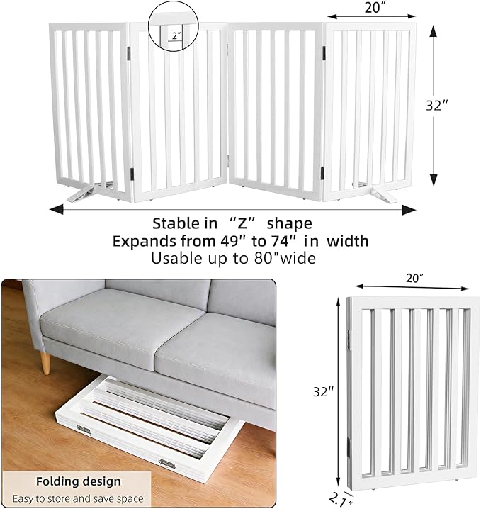 ZJSF Freestanding Indoor Dog Gate for House Foldable Wood White Puppy Gate for Doorways Pet Gate for Stairs Extra Wide Pet Fence 32" Height 4 Panels