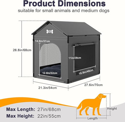 Large Dog House Indoor with Plush Cushion, Dog Kennel for Inside with Sturdy Frame, Waterproof Pet House Suitable for Small Medium Dogs, 27x21x27in, Gray