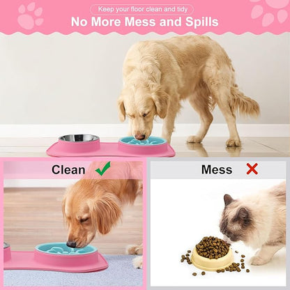Anipaw Slow Feeder Dog Bowls 3 in 1 Stainless Steel Dog Food and Water Bowls with Non-Spill Non-Skid Silicone Mat to Slow Down Eating for Large Medium Small Breed Size Dogs and Cats (Pink Blue)