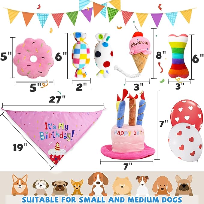 lilfrd Dog Birthday Toys Girl, Squeaky Plush Birthday Cake Hat Bandana, Birthday Gifts for Small & Medium Dog, 9 Pack Pink