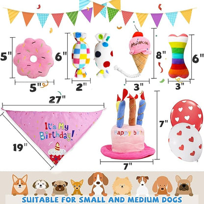 lilfrd Dog Birthday Toys Girl, Squeaky Plush Birthday Cake Hat Bandana, Birthday Gifts for Small & Medium Dog, 9 Pack Pink