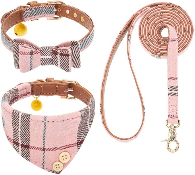 EXPAWLORER Dog Collar and Leash Set - Classic Plaid Dog Bow Tie and Bandana Collar with Bell, Dog Leash Tangle Free, Adjustable Collars for Puppy Small Dogs and Cats, Holiday Ideal Gift, Pink XS