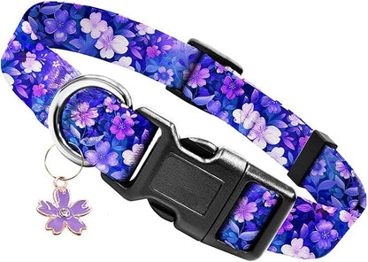 Kazazoo Dog Collar Cute and Soft Nylon Puppy Collar Girl, Adjustable Dog Collars for Small Medium Dogs, Purple Flowers-M