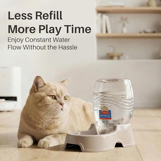 Flexzion Automatic Gravity Pet Waterer for Cat & Dog - Non-Skid & Easy-Clean Auto Replenish Water Dispenser Drinking Bowl (3/8 Gallon / 1.5L), Beige
