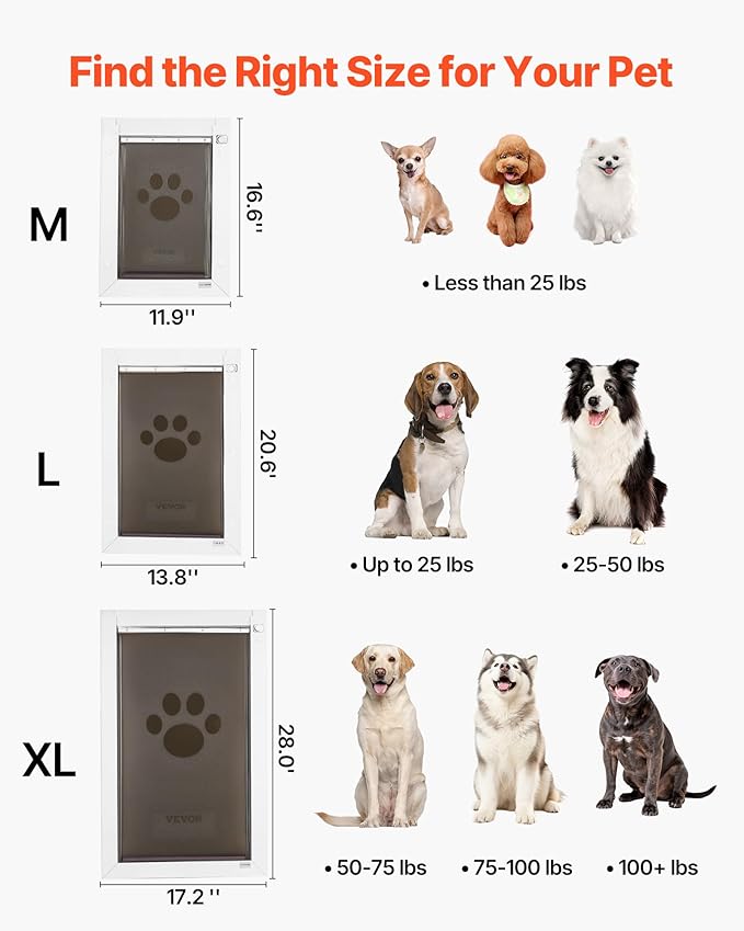 VEVOR Pet Door, Medium, with Three Magnetic Flaps and Metal Frame, Strong and Weatherproof Dog Door for Interior and Exterior Doors, Easy to Install, Easy in-and-Out Access for Doggies, White