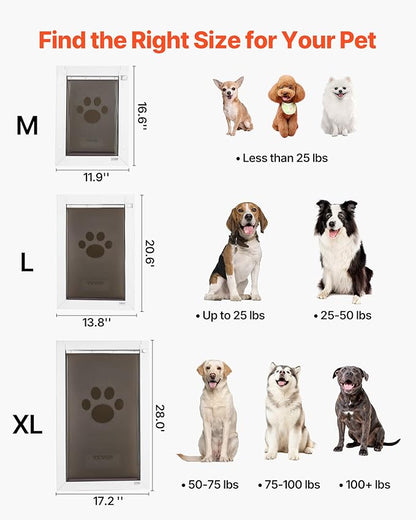 VEVOR Pet Door, Medium, with Three Magnetic Flaps and Metal Frame, Strong and Weatherproof Dog Door for Interior and Exterior Doors, Easy to Install, Easy in-and-Out Access for Doggies, White