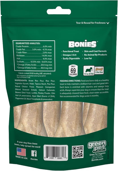 Bonies Natural Skin & Coat Formula Small-Sized Single Bone - Promote Silky Coat & Healthy Skin, Healthy Teeth & Fresh Breath, Low Calories - Chicken Flavor, Small Dogs, 15 Count