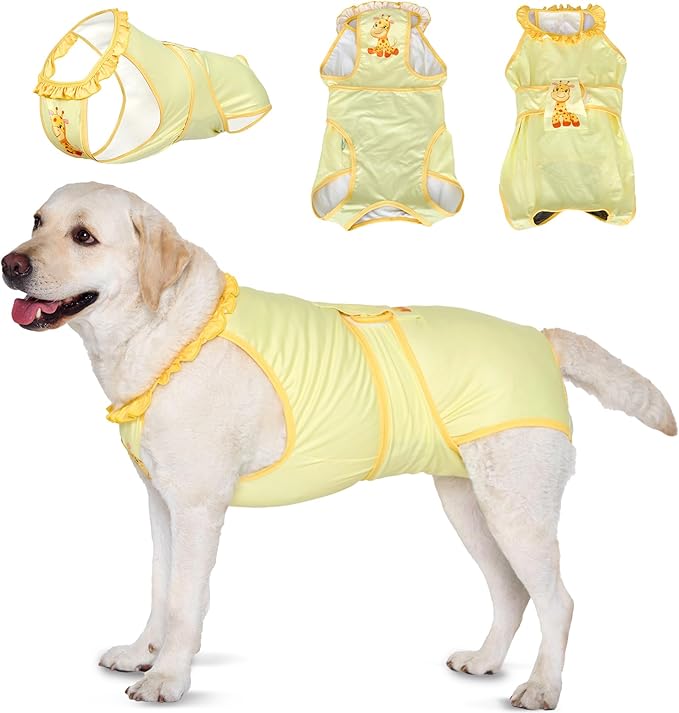LovinPet Dog Recovery Suit for Large Medium Dogs - Wound Protective Surgical E-Collar Alternative Recovery Bodysuit for Abdominal Wounds After Surgery Dog Onesies,Yellow,Deer Pattern,L