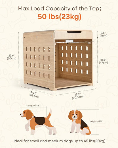 Modern Dog Crate Furniture with Charging Station Medium Kennel Indoor with Flip-up Hidden Acrylic Door for Small and Medium Breeds up to 50lb Wood Pet End Side Table Cage, Oak