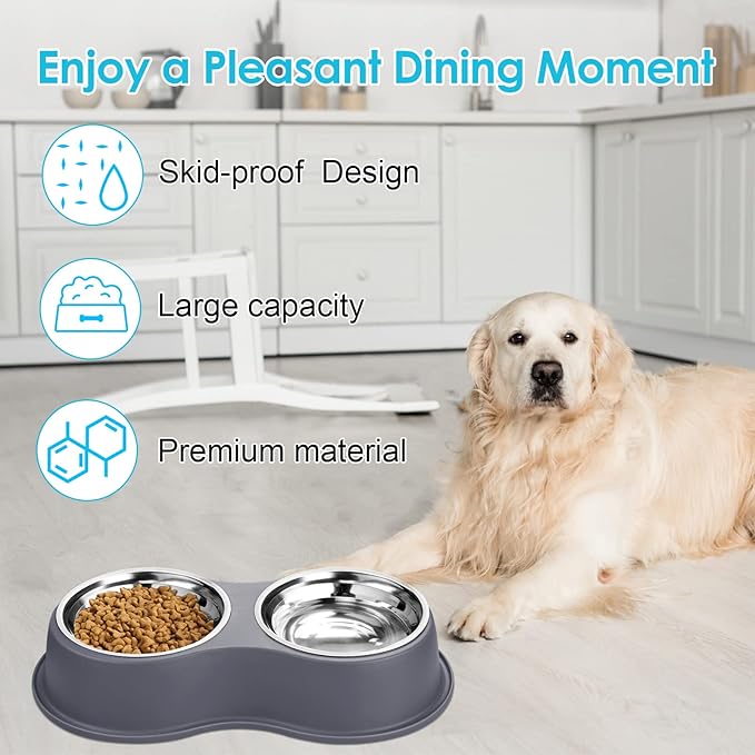 Epetslove Dog Bowls Large Double Dog Water and Food Bowls Stainless Steel Bowls with Non-Slip Resin Station, Pet Feeder Bowls Food Dish for Small Medium Large Dogs Cats