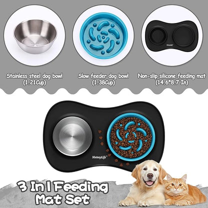 MateeyLife Dog Food and Water Bowl Set 3 in 1, Slow Feeder Dog Bowls & Stainless Steel Water Bowl with Non-Spill Silicone Mat, Cat and Puppy Bowls Pet Dishes for Small Medium Large Breed Anti-Choking