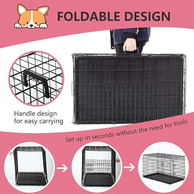 FDW 45 Inch Dog Crate for Large Dogs, Folding Metal Cage with Double Door & Leak-Proof Tray, Black