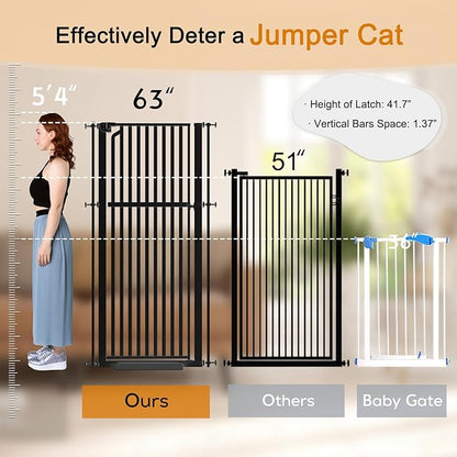 Senneny 63” Extra Tall Cat Gate Auto Close & One-Hand Open, No Drilling Pressure Mounted Kits and Wall Mounted Kits, Metal Pet Gate Fits Openings 29.5” to 33.4” Wide, Black
