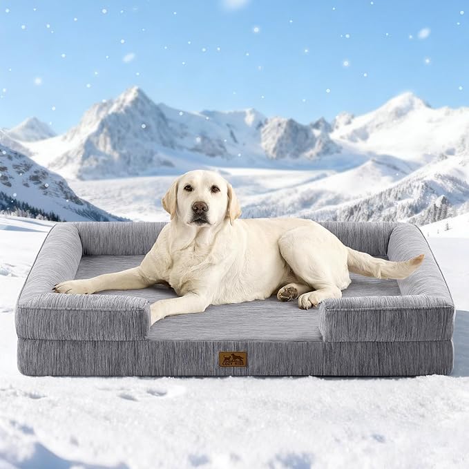 Cooling Dog Bed for Extra Large Dogs, Q-Max >0.4 Summer Cool Orthopedic Foam Pet Sofa Bed with Sides, Bolster Anti-Slip Couch with Washable Removable Cover, XXL 48x35x7.5 inch, Dark Grey