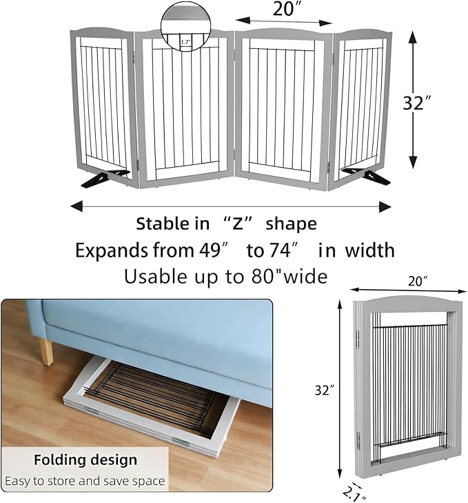 ZJSF Freestanding Dog Fence Indoor, Foldable Dog Gate for Doorways, Stairs or Hallways, Sturdy Wood Extra Wide Pet Gate with Support Feet for The House, Grey, 32 "Height-4 Panels