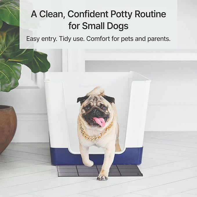 Indoor Dog Potty with High Walls and Low Entry for Small Dogs — Vertical Pad Holder, Splash Guard, and Clean Modern Design by DoggyBathroom (Mini, Navy Blue)