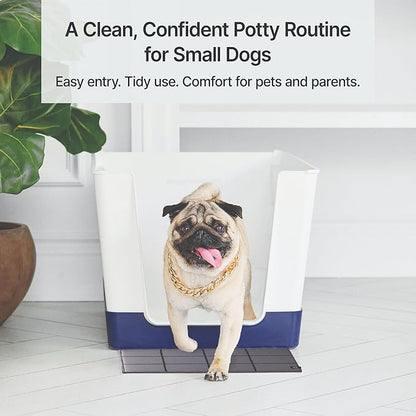 Indoor Dog Potty with High Walls and Low Entry for Small Dogs — Vertical Pad Holder, Splash Guard, and Clean Modern Design by DoggyBathroom (Mini, Navy Blue)