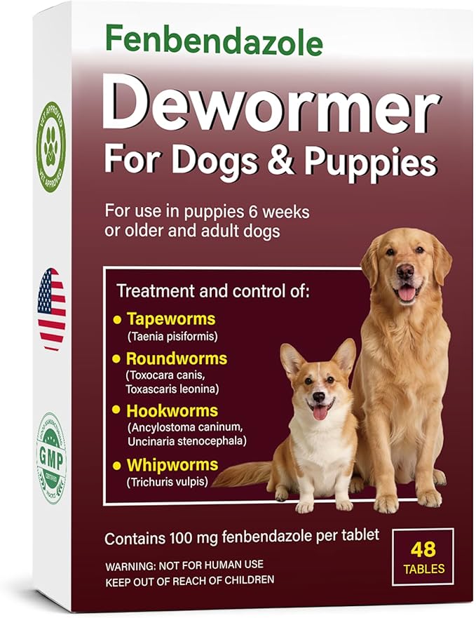 Dog Dewormer for Dogs & Puppies, Fenbendazole All Wormers Tablets for Tapeworms, Roundworms, Hookworms & Whipworms, 48 Count